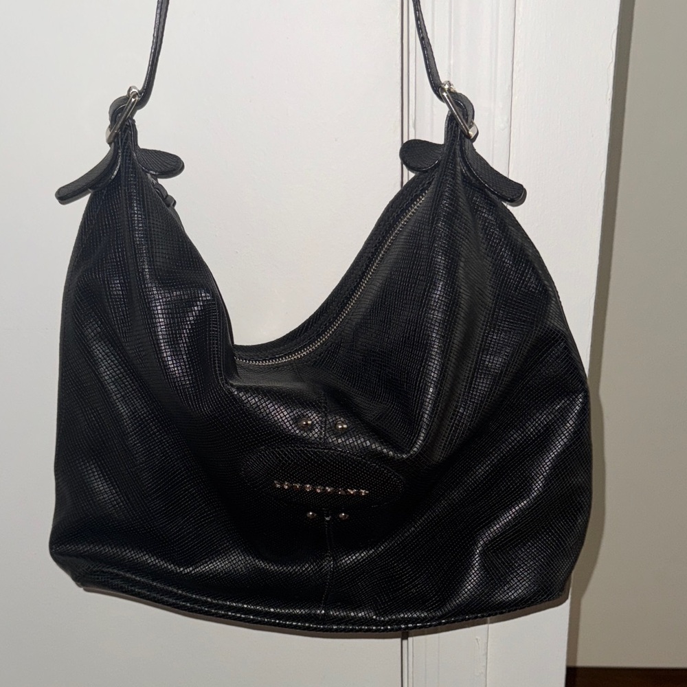 Longchamp Black Textured Leather Hobo Bag